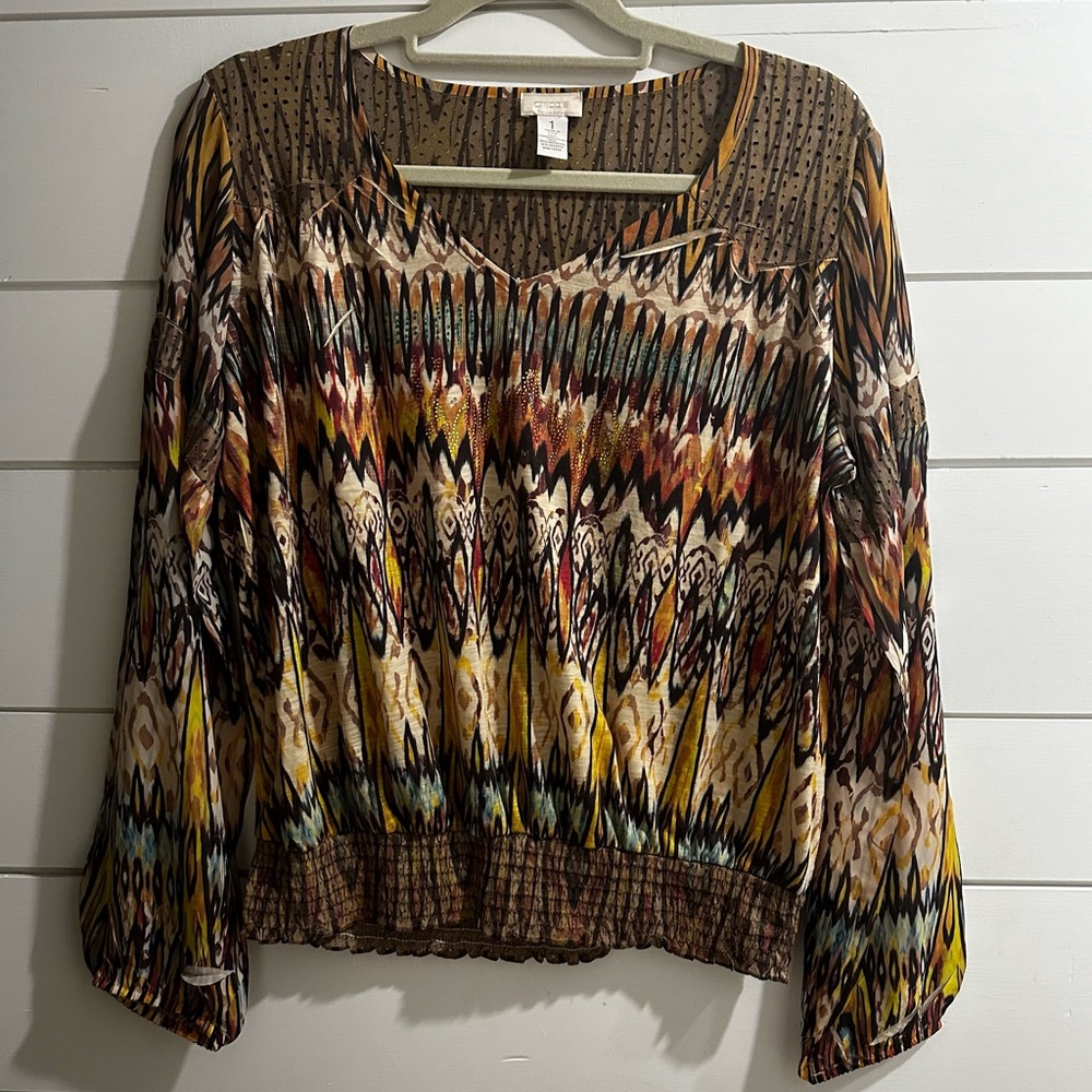 Chicos Ikat Feel Kendall Top Long Sleeve Blouse Size 1 Medium Neutral Browns